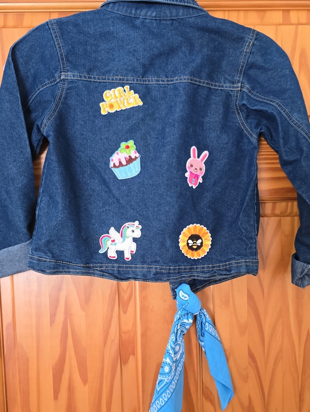 Girls Blue Denim Jacket with Colorful Patches
